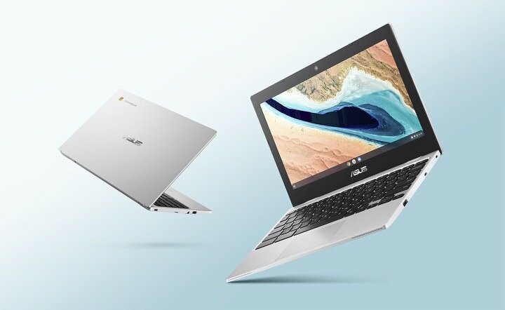 Laptop ASUS Chromebook CX1 CX1101 CB1101CMA-GJ0021 widok na ekran i pokrywę laptopa pod skosem