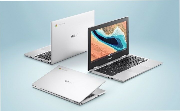 Laptop ASUS Chromebook CX1 CX1101 CB1101CMA-GJ0021 widok na ekran i pokrywę laptopa pod skosem