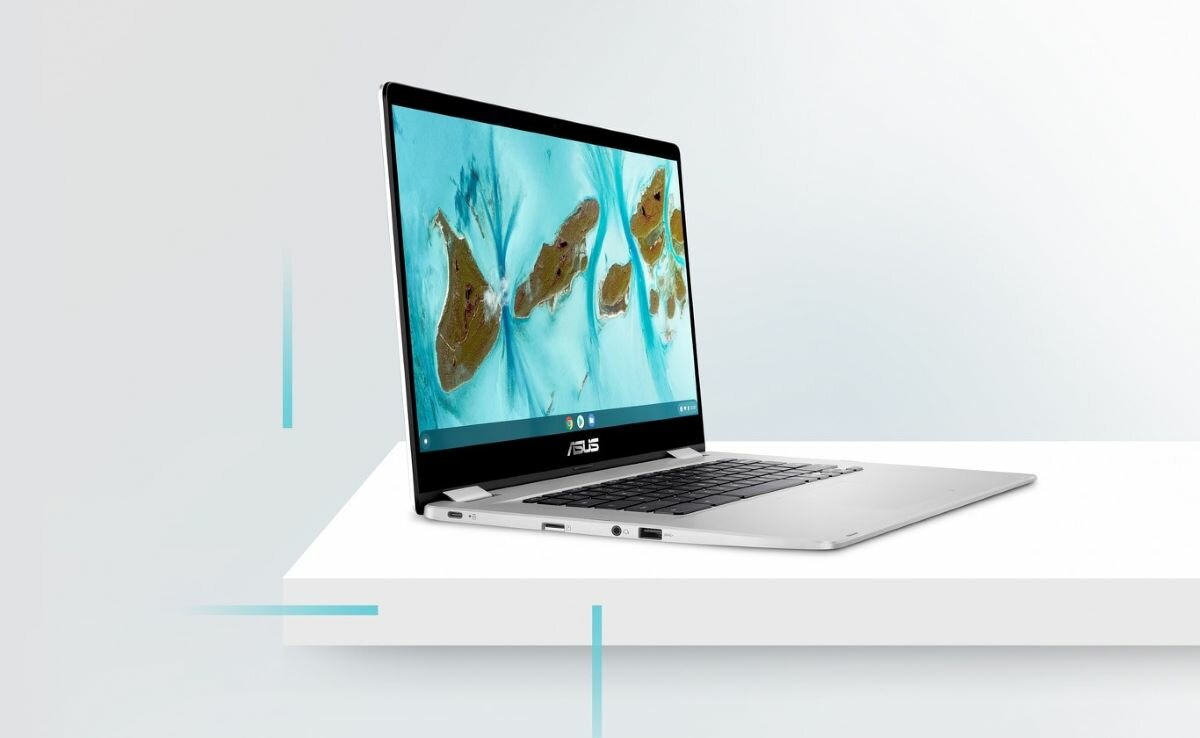 Laptop ASUS Chromebook C424 C424MA-EB0138 widok bokiem na otwarty laptop