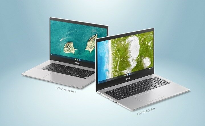 Laptop ASUS Chromebook CX1 CX1500 CX1500CKA-EJ0061 widok na dwa laptopy od przodu pod skosem