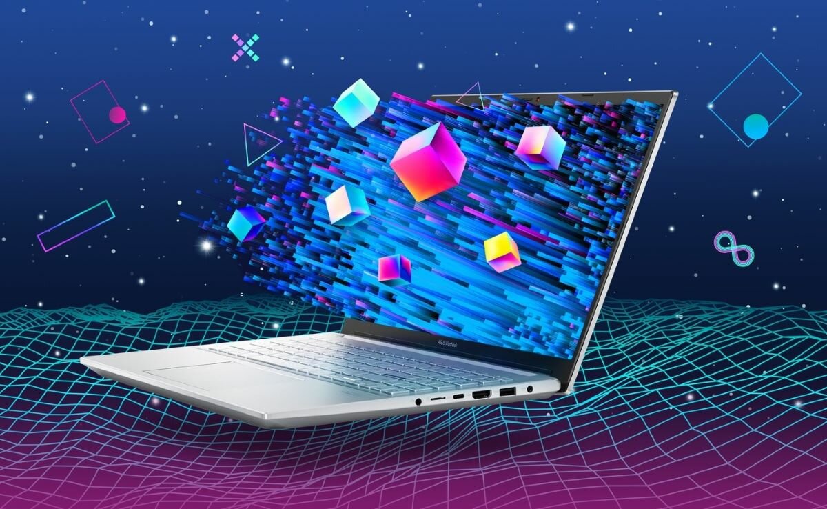 Laptop Asus Vivobook Pro 15 OLED M3500 M3500QC-L1068T widok na laptopa pod skosem w lewo