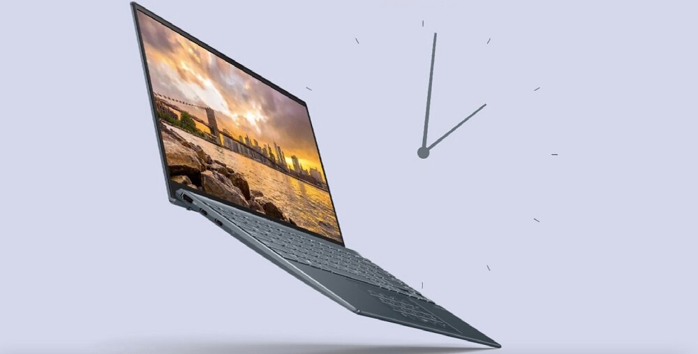 Laptop Asus ZenBook 14 UM425 UM425QA-KI011T widok na laptopa pod skosem