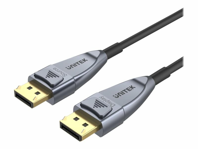 Kabel optyczny Unitek C1618GY DisplayPort 1.4 AOC 8K 20m zbliżenie na dwie końcówki DisplayPort pod skosem