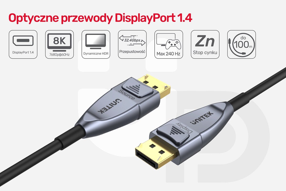 Kabel optyczny Unitek C1618GY DisplayPort 1.4 AOC 8K 20m na grafice widoczne dwie końcówki kabla wraz ze specyfikacją w formie piktogramów