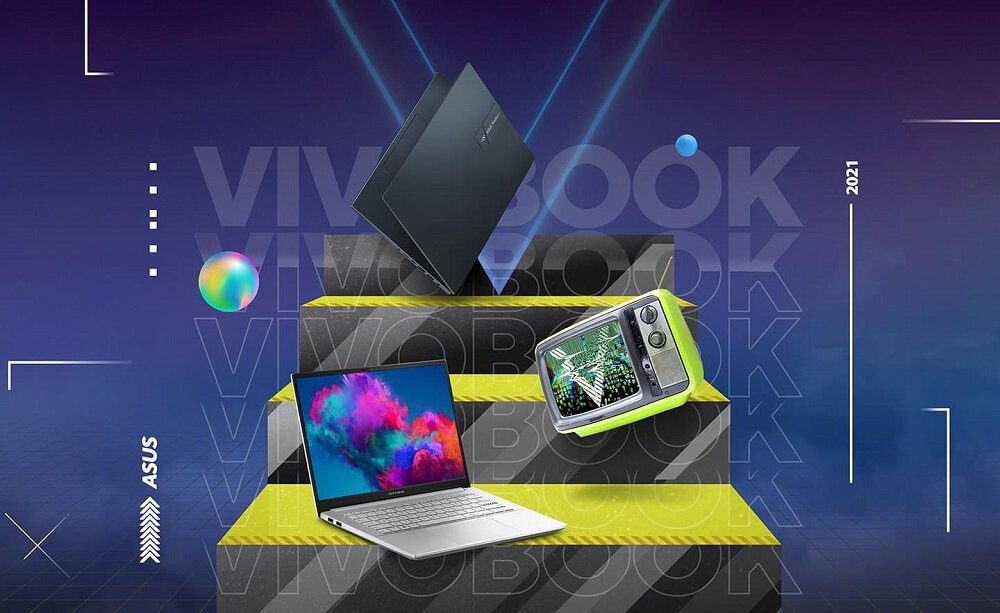 Laptop ASUS Vivobook Pro 14 OLED K3400 K3400PA-KM026T widok na ekran laptopa oraz na klapę przymkniętego laptopa pod skosem
