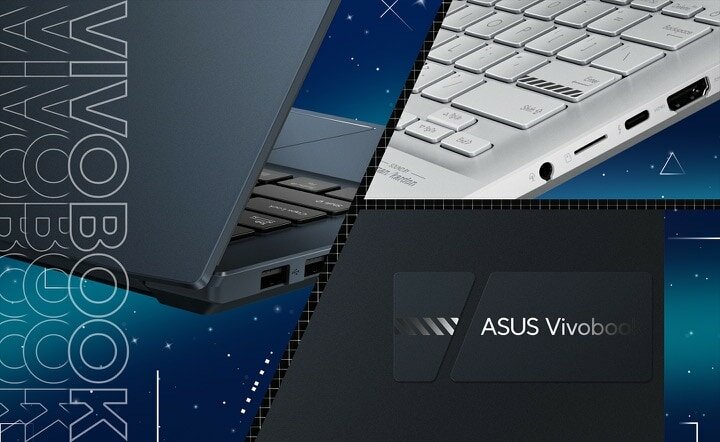 Laptop ASUS Vivobook Pro 14 OLED K3400 K3400PA-KM026T zbiżenie na logo, porty oraz bok laptopa