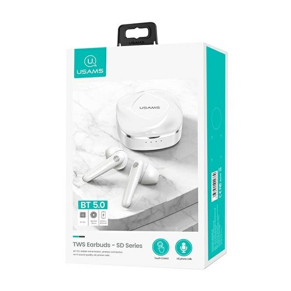 Słuchawki bezprzewodowe USAMS Bluetooth 5.0 TWS SD biały opakowanie przodem