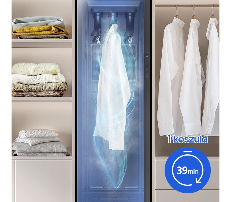 Szafa odświeżająca ubrania Samsung AirDresser AI DF60A8500CG grafika przedstawiająca wizualizację suszenia koszuli w szafie