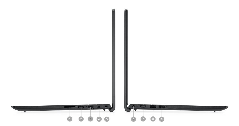 Laptop Dell Vostro 3510 16/512GB 15,6” widok na wprost na boki laptopa i jego wtyki