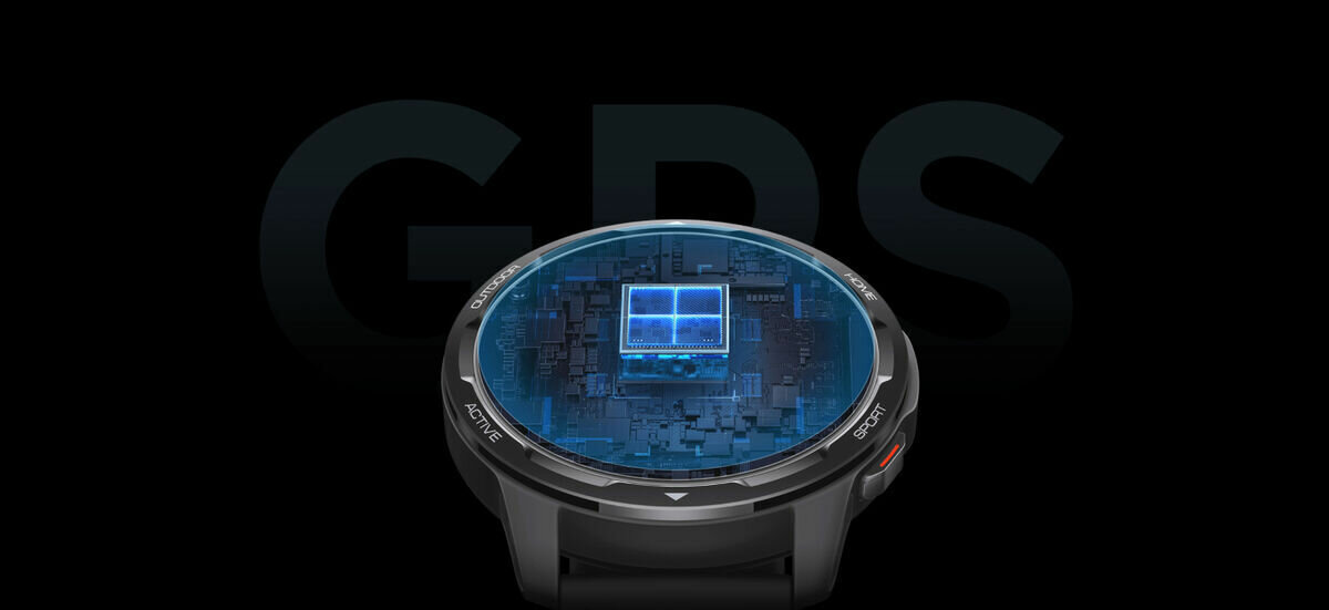 Smartwatch Xiaomi Watch S1 Active na tle napisu GPS