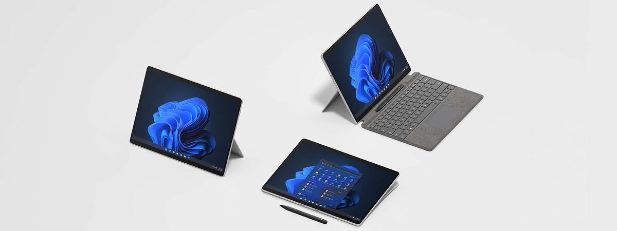 Laptop Microsoft Surface Pro 8 13' i7/16GB/256GB Platynowy widok z góry na trzy laptopy w formie tableta, laptopa i podpórki