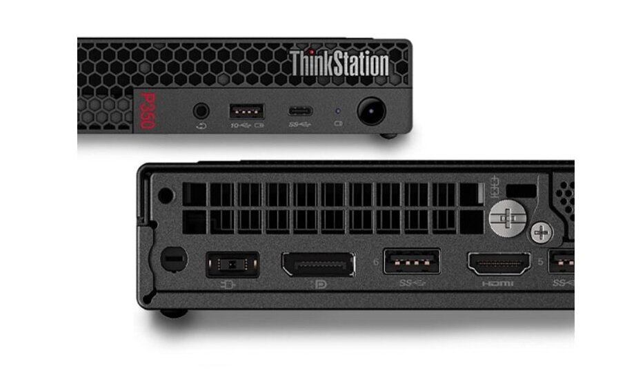 Stacja robocza Lenovo ThinkStation P350 Tiny 30EF000GPB przód oraz złącza