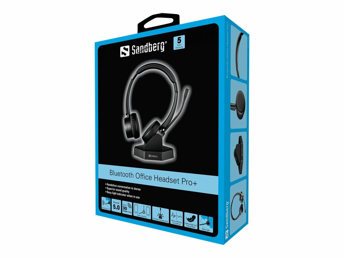 Zestaw słuchawkowy Sandberg Bluetooth Office Headset Pro+ czarny w opakowaniu na białym tle