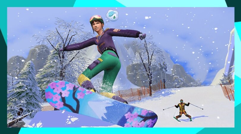 Dodatek do gry Electronic Arts The Sims 4 Śnieżna eskapada na PC pokazany Sim na desce