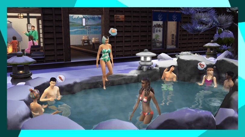 Dodatek do gry Electronic Arts The Sims 4 Śnieżna eskapada na PC pokazane Simy w basenie