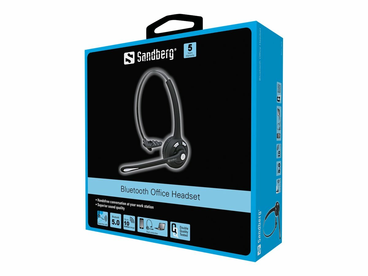 Zestaw słuchawkowy Sandberg Bluetooth Office Headset czarny w opakowaniu po skosie na białym tle