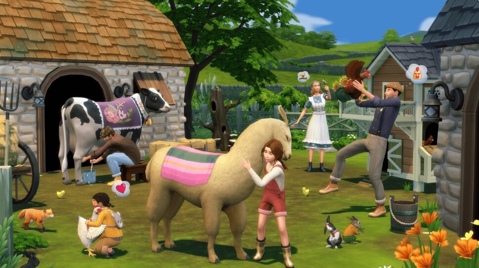 Dodatek do gry Electronic Arts The Sims 4 Wiejska sielanka na PC pokazane Simy w ogrodzie Sim przytulacjący się do lamy
