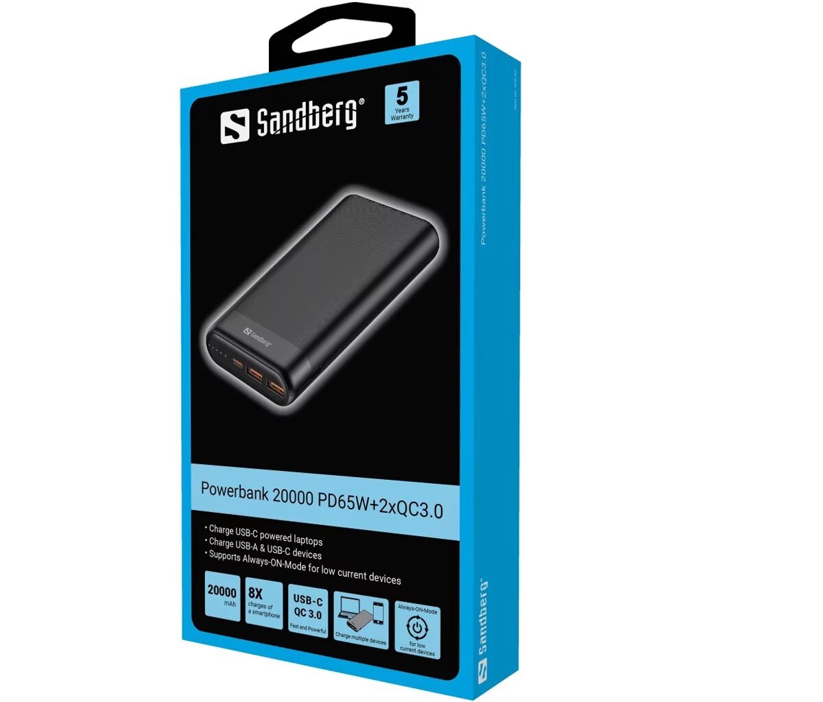 Powerbank Sandberg 20000 PD65W+2xQC3.0 czarny w niebieskim fabrycznym pudełku na białym tle