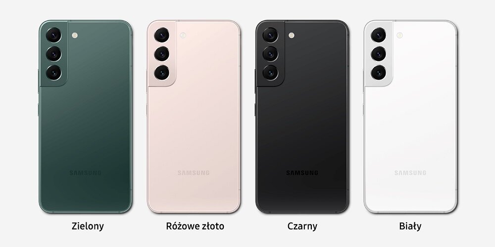 Smartfon Samsung Galaxy S22 SM-S901 SM-S901BZGDEUE widok na plecki telefonu w czterech odcieniach