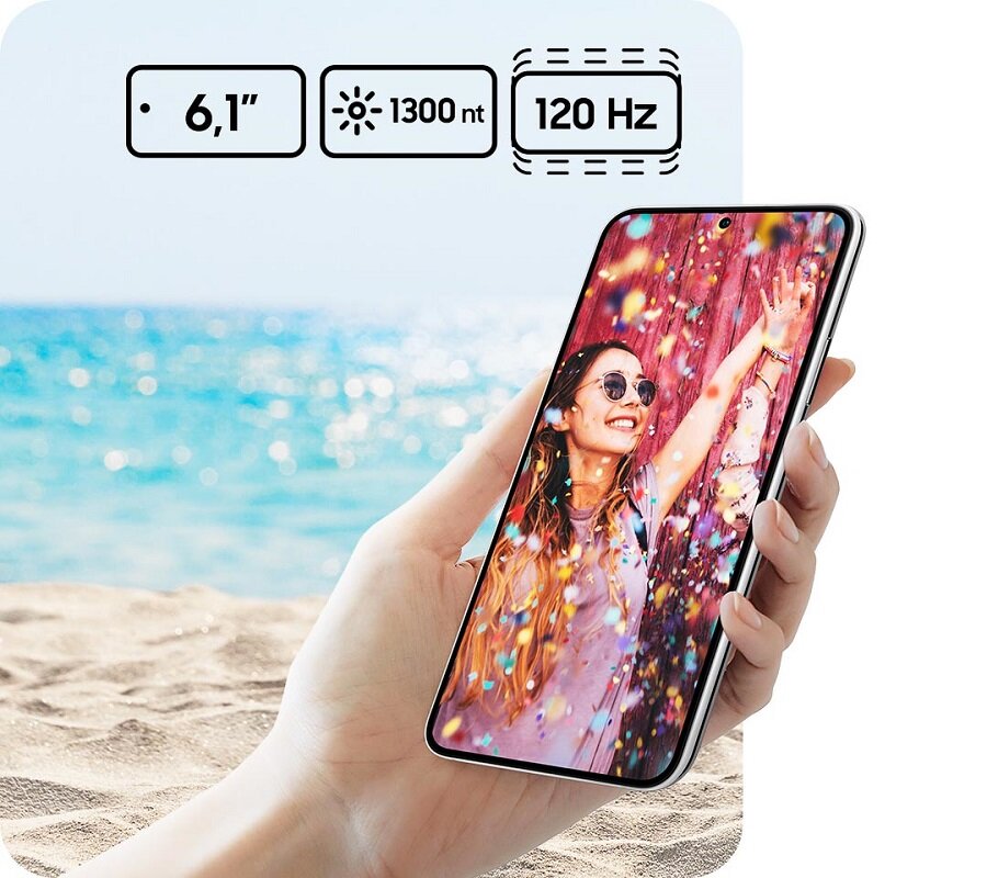 Smartfon Samsung Galaxy S22 SM-S901 SM-S901BZGGEUE widok na ekran smartfona w dłoni pod skosem w lewo