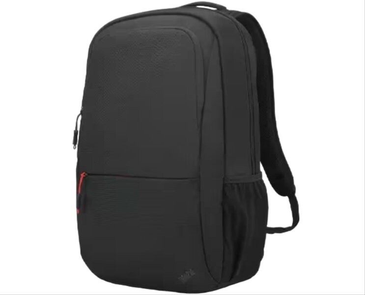 Plecak Lenovo ThinkPad Essential (Eco) czarny na białym tle, widok na przednią i boczną kieszeń