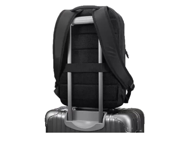 Plecak Lenovo ThinkPad Essential (Eco) czarny zaczepiony paskami o uchwyt walizki, widok od tyłu