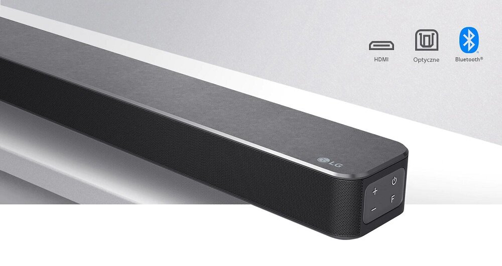 Soundbar LG SN5 SN5.DEUSLLK widok na bok z przyciskami pod skosem w prawo oraz na możliwości połączeń na grafice