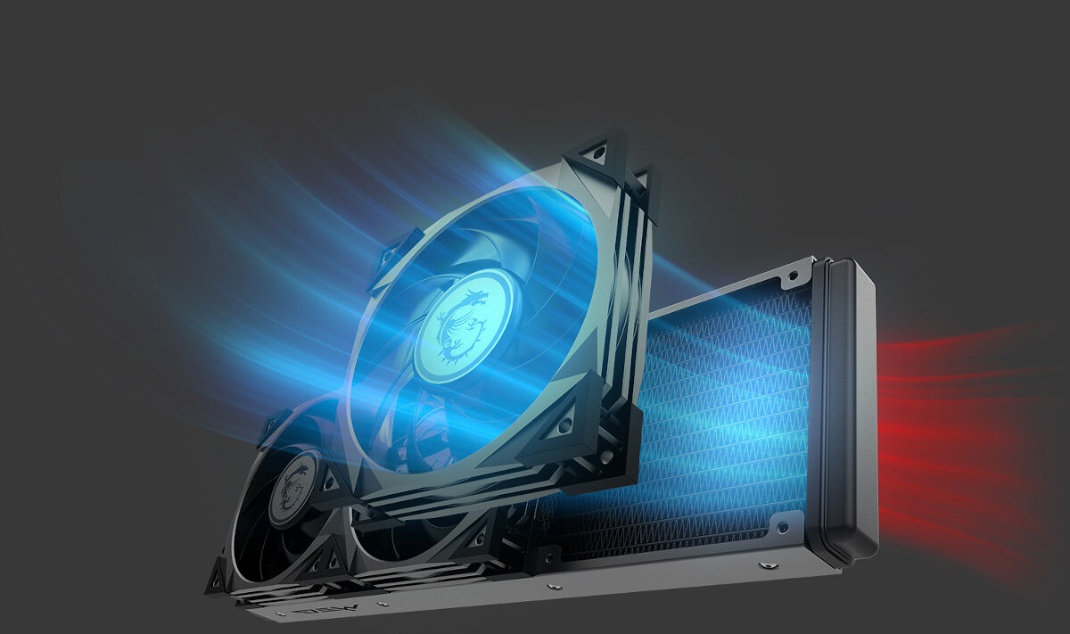 Chłodzenia MSI Meg Coreliquid S360 zdjęcie pokazujące przepływ powietrza przez wentylator