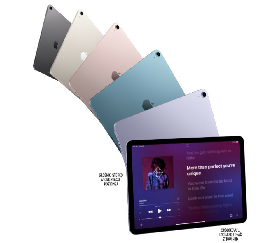 Tablet Apple iPad Air MM9F3FD/A Wi-Fi 64GB Starlight pokazane tyłem różne kolory
