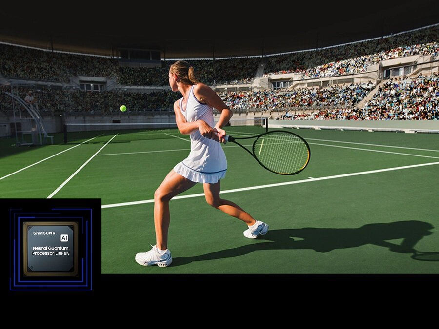 Telewizor Samsung QE65QN700BT QE65QN700BTXXH widok na procesor w dolnym lewym rogi grafiki oraz na garfikę przedstawiającą kobietę grającą w tenisa
