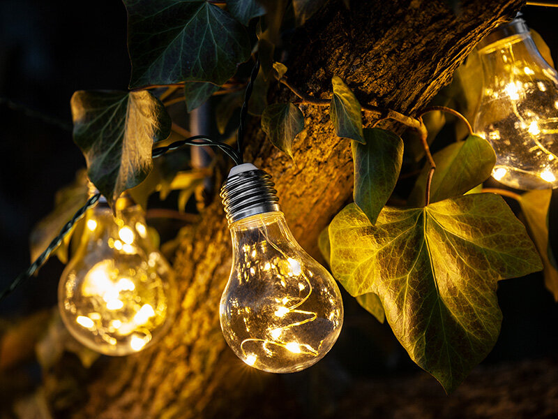 Girlanda solarna Tracer 50 LED 10 żarówek świecące na gałęzi drzewa z liściami