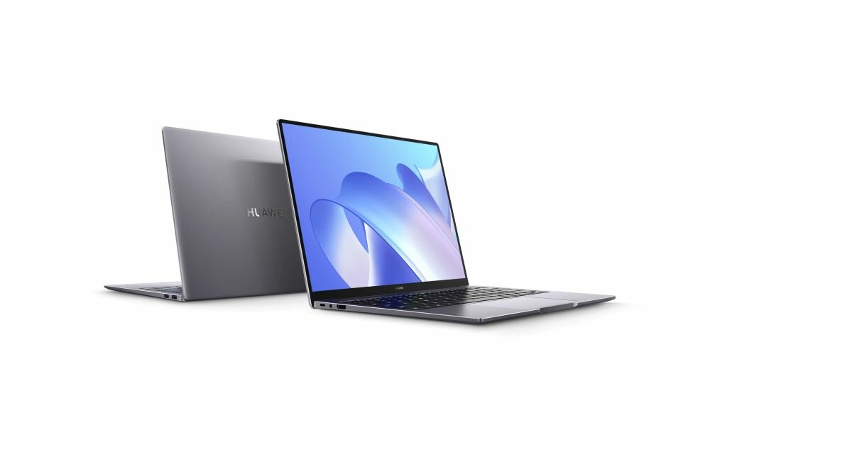 Laptop HUAWEI MateBook 14 2021 widok bokiem na dwa laptopy plecami do siebie
