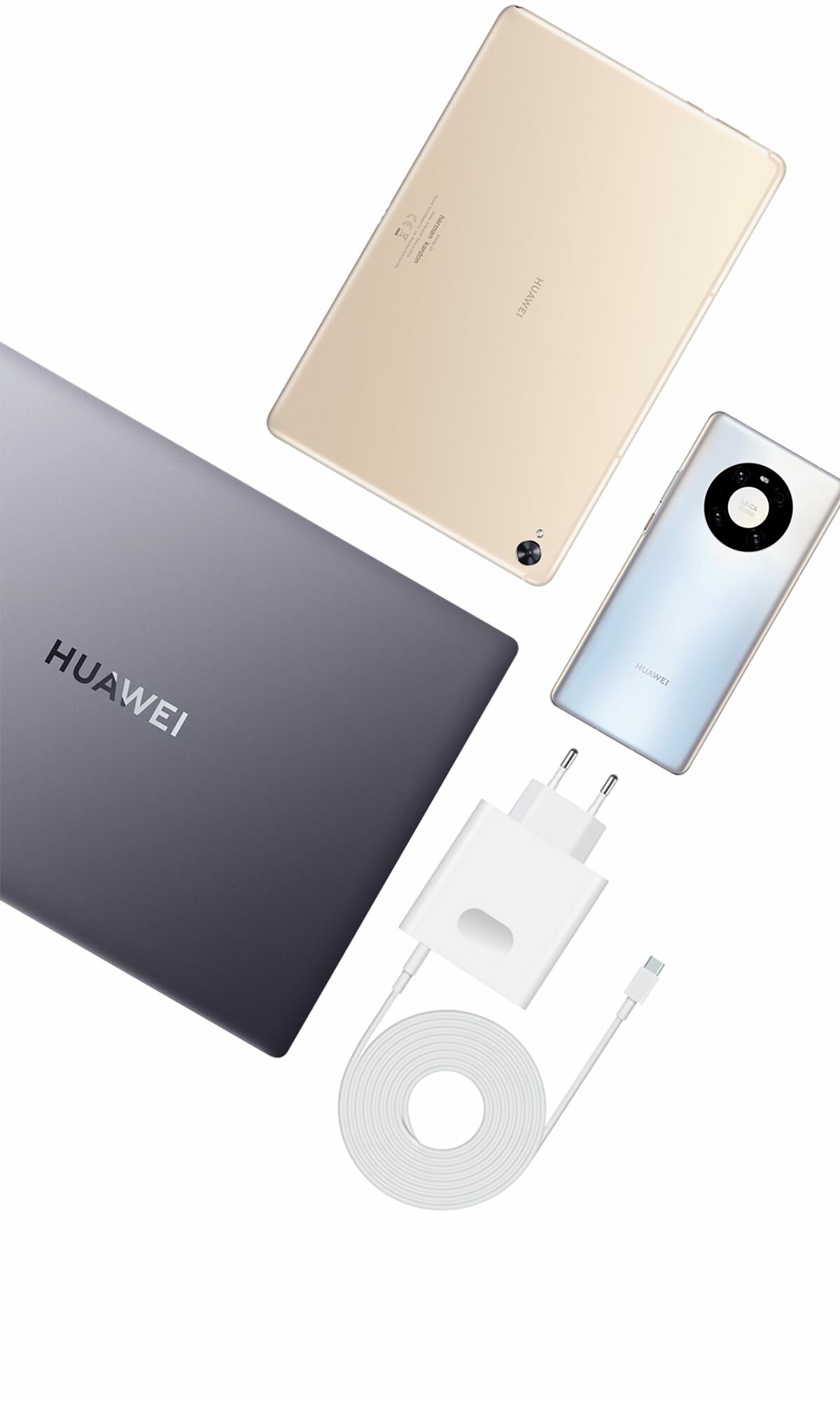 Laptop HUAWEI MateBook 14 2021 trzy urządzenie laptop, tablet, smartfon i kabel
