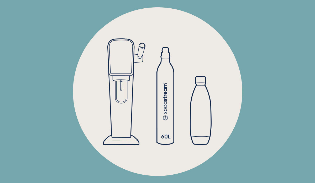 Saturator SodaStream Art grafika przedstawia rysunek saturatora wraz z cylindrem i butelką