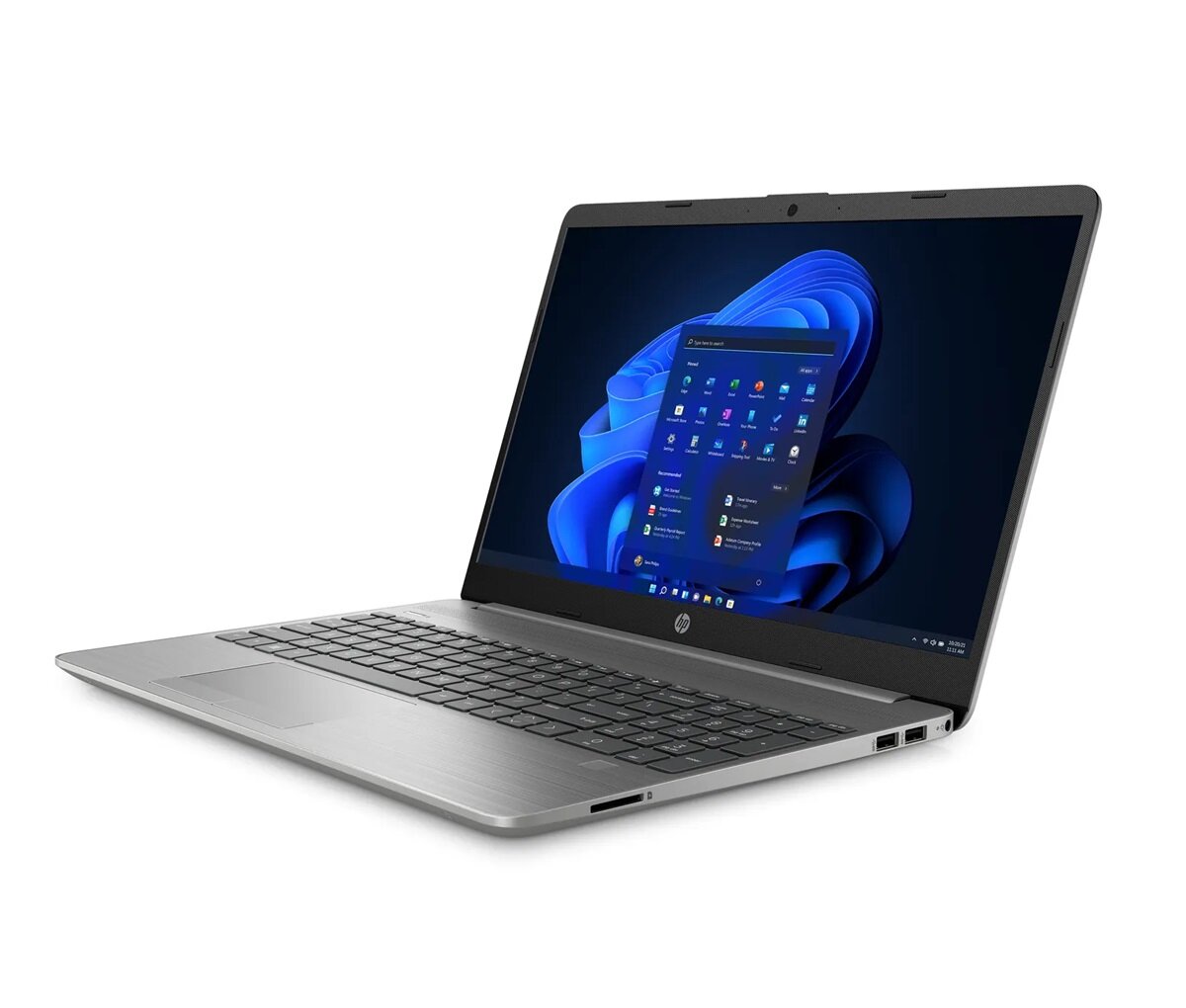 Laptop HP 255 G9 Ryzen5 5625U/16/512 GB 15,6' po skosie na białym tle