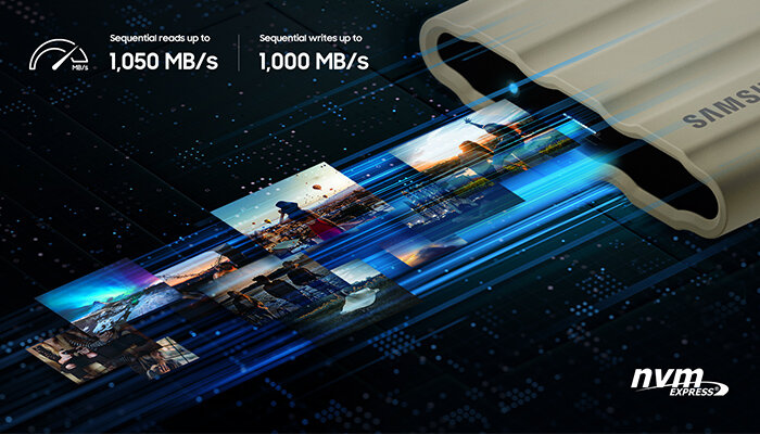 Dysk SSD Samsung T7 Shield 1TB MU-PE1T0K/EU beżowy pokazana prędkość odczytu i zapisu