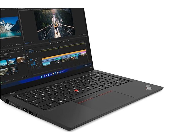 Laptop Lenovo ThinkPad T14 G3 i5-1240P 16/512GB grafika przedstawia laptop pod skosem