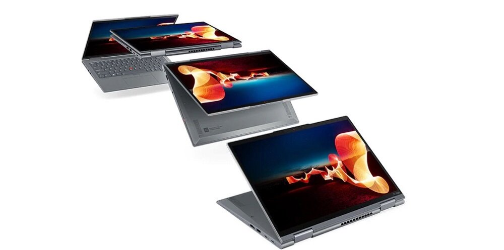 Laptop Lenovo ThinkPad X1 Yoga Gen 7 i7-1255U 16/512 GB grafika przedstawia laptopy w różnych trybach: laptopa, tabletu, namiotu i podstawy