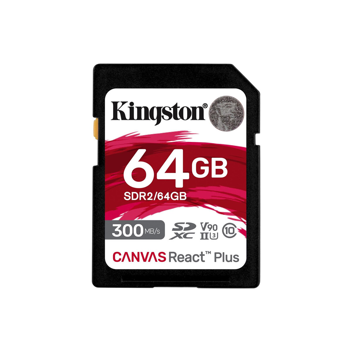 Karta pamięci SD Kingston Canvas React Plus 64GB od frontu na białym tle