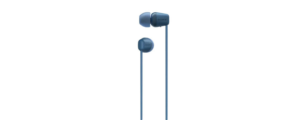 Słuchawki Sony WI-C100L niebieskie pokazane słuchawki tyłem i bokiem