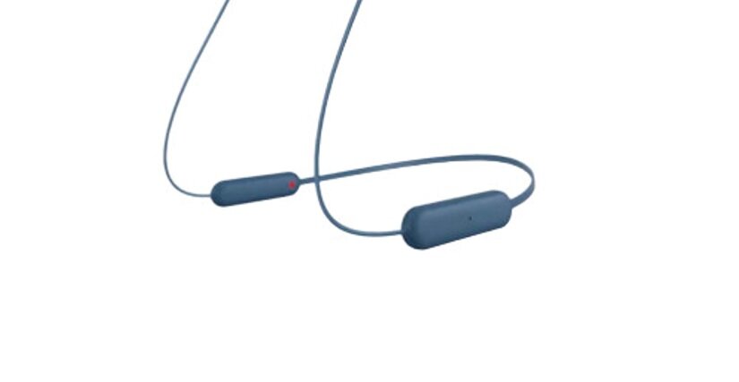 Słuchawki Sony WI-C100L niebieskie pokazany wbudowany mikrofon