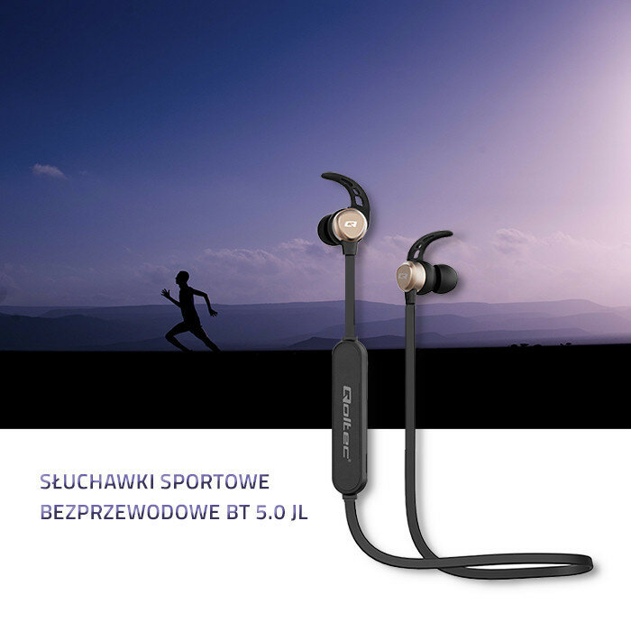 Słuchawki bezprzewodowe Qoltec BT 5.0 JL douszne sportowe widok na użycie słuchawek podczas biegu
