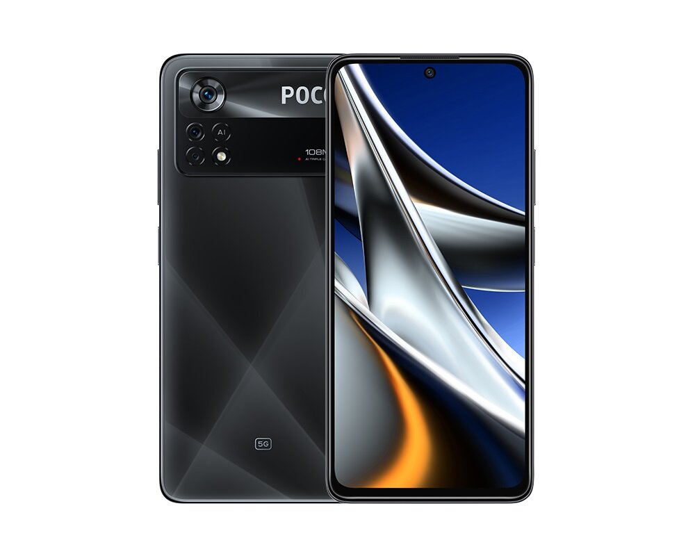 Smartfon Xiaomi POCO X4 Pro 5G widok na ekran i plecki telefonu od przodu