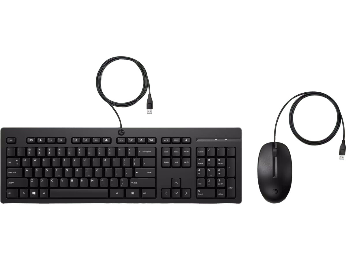 Mysz i klawiatura HP 225 czarna od frontu z kablami na białym tle