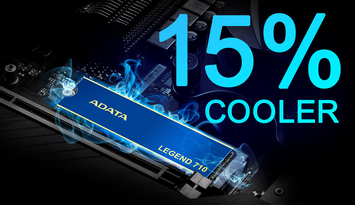 Dysk SSD Adata Legend 710 512GB M.2 PCIe NVMe widok dysku z informacją o obniżonej temperaturze o 15%