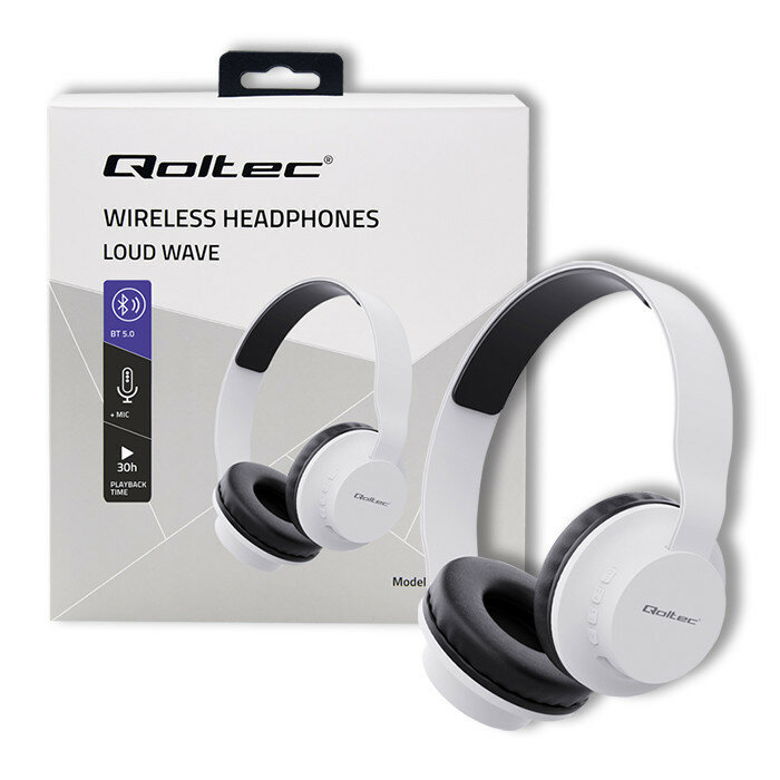Słuchawki bezprzewodowe Qoltec 50847 białe widok na opakowanie słuchawek