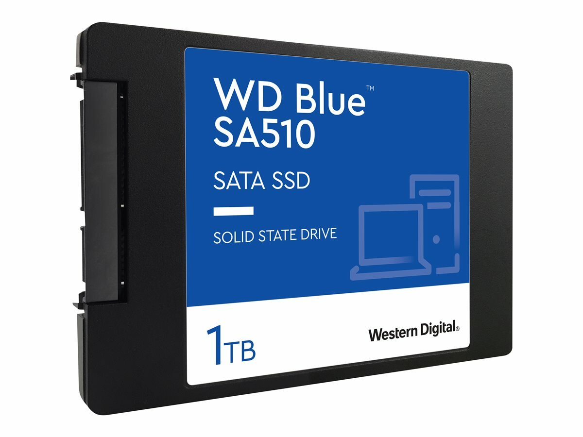 Dysk SSD WD Blue SA510 1TB  SATA widok dysku pod skosem na białym tle