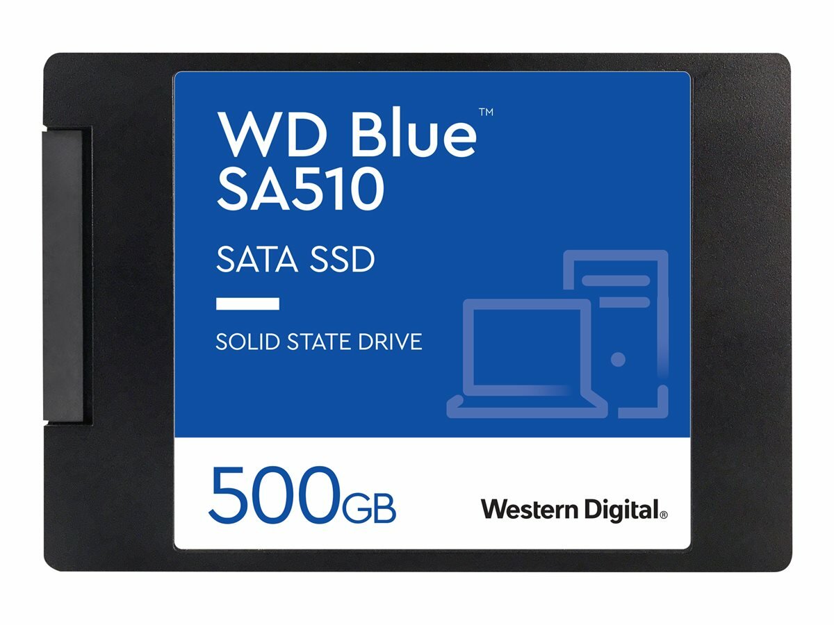 Dysk SSD WD Blue SA510 500GB SATA widok dysku od przodu na białym tle