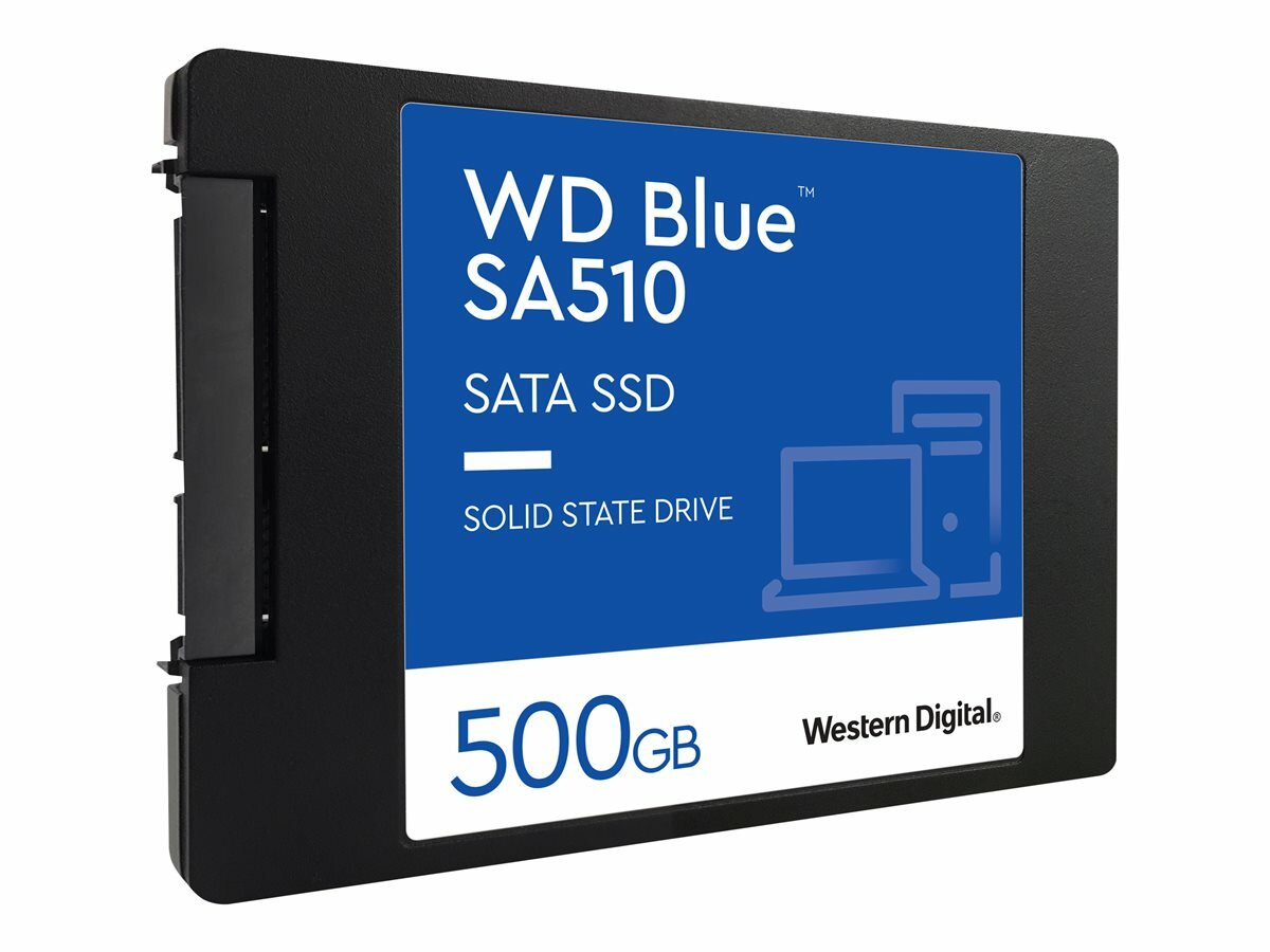 Dysk SSD WD Blue SA510 500GB SATA widok dysku pod skosem na białym tle
