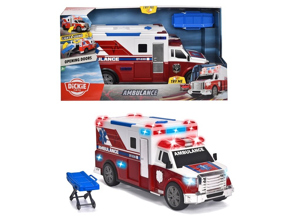 Ambulans Dickie Toys 203308389 widok na ambulans pod skosem w prawo oraz na śmieciarkę od boku w opakowaniu
